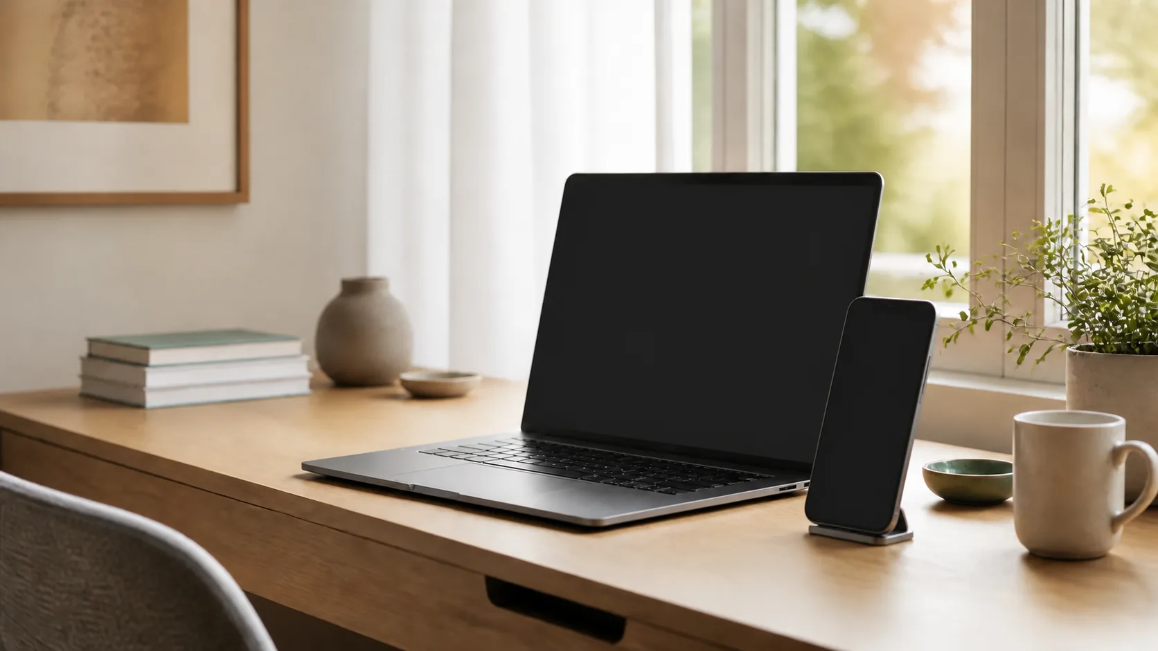 明亮书桌上的 Mac 与 iPhone。